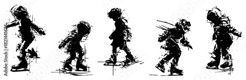 Dynamic Ice Skating Children Silhouettes in Sketchy Grunge Style