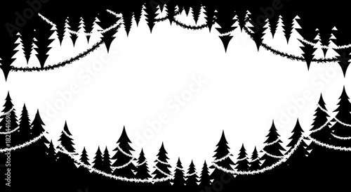 Minimalist tree frame with snowy garlands, winter holiday decoration and festive design