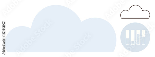Large stylized cloud icon with smaller cloud outline and data bar chart in a circle. Ideal for technology, cloud services, data storage, analytics, digital innovation, computing, simple flat metaphor