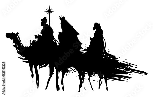 Three Wise Men Riding Camels with Star of Bethlehem Silhouette in Artistic Grunge Sketch Style