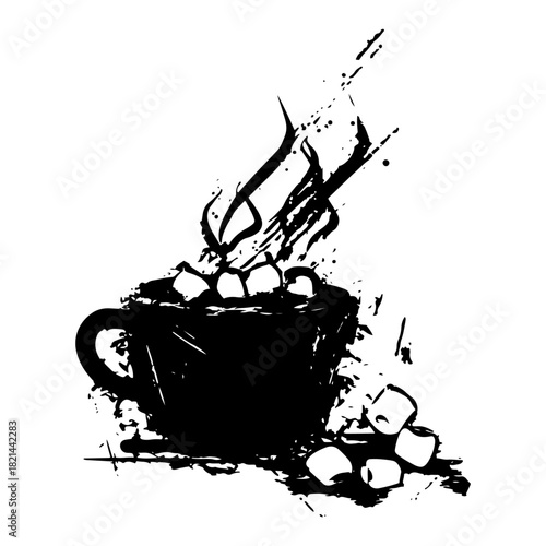 Steaming Cup of Hot Chocolate with Marshmallows Silhouette in Artistic Grunge Sketch Style