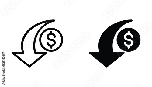 Cost reduction icon set. Price lower arrow. Vector illustration for web design. Isolated on white background.