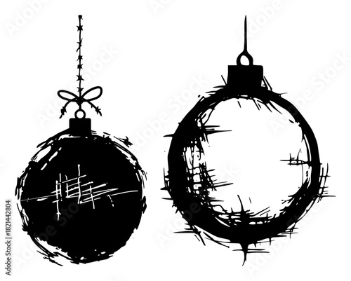 Black and white grunge vector illustration of two hanging Christmas bauble ornaments with different scratchy textures