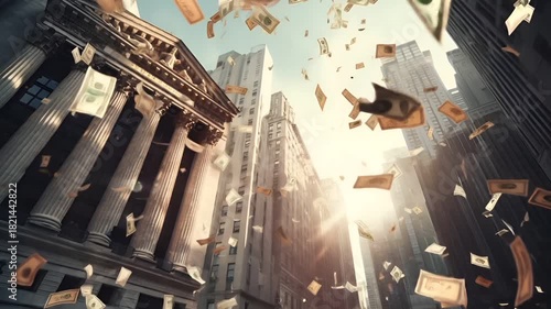 Stock market. Finance investment economy concept. A highresolution digital artwork depicting a bustling cityscape with skyscrapers and flying currency notes.