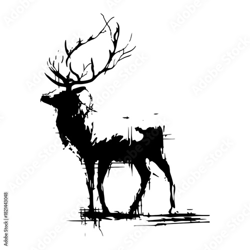 Majestic Standing Deer Stag with Antlers Silhouette in Rough Artistic Grunge Ink Sketch Style