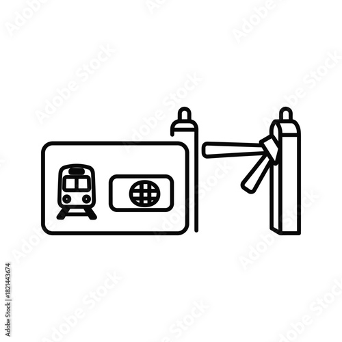 Line icon of train ticket validation at a turnstile gate isolated on white background