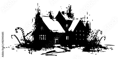 Whimsical Gingerbread House with Candy Canes Silhouette in Winter Christmas Grunge Sketch Style
