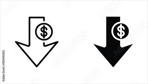 Cost reduction icon set. Dollar Down Icon. Vector illustration for web design. Isolated on white background.