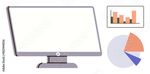 Blank desktop monitor accompanied by bar and pie charts for data visualization. Ideal for business, research, statistics, technology, finance, reporting, education. Simple flat metaphor