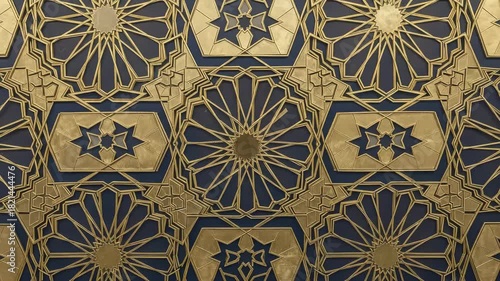 Intricate geometric pattern featuring golden lines and dark blue accents, creating a visually appealing design
