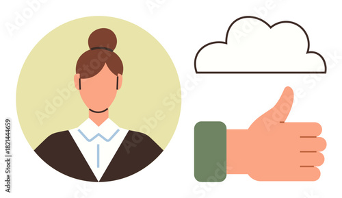 Woman portrait with formal attire, thumbs-up hand icon, and a cloud outline. Ideal for teamwork, support, positivity, organization, ideas, collaboration encouragement as a simple flat metaphor