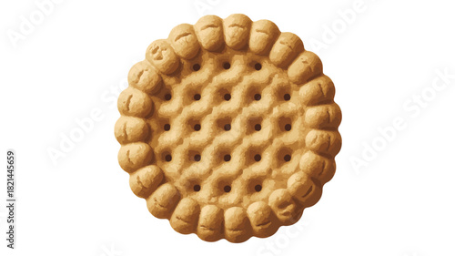 Round Digestive Biscuit with Embossed Pattern and Perforations Keywords: biscuit, cookie, digestive biscuit, round, circular, baked good, pastry, snack, sweet, treat, food