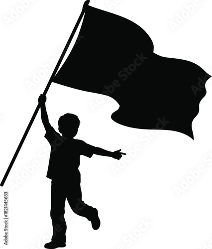 Silhouette of a child holding a large waving flag, running with one arm outstretched forward. isolated on white background, Vector, illustration