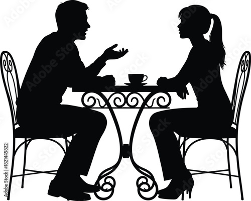 Couple silhouettes in conversation over coffee at an outdoor cafe table, illustrating connection isolated on white background, Vector, illustration