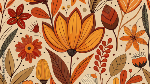 Autumn Floral Doodle Seamless Pattern – Hand-Drawn Botanical Fall Color Vector Design