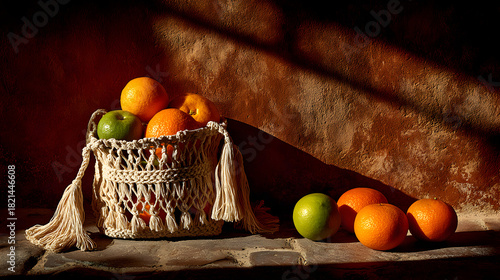 Still life of oranges and apples in a woven basket.