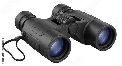 Modern black binoculars for outdoor activities, isolated on transparent background