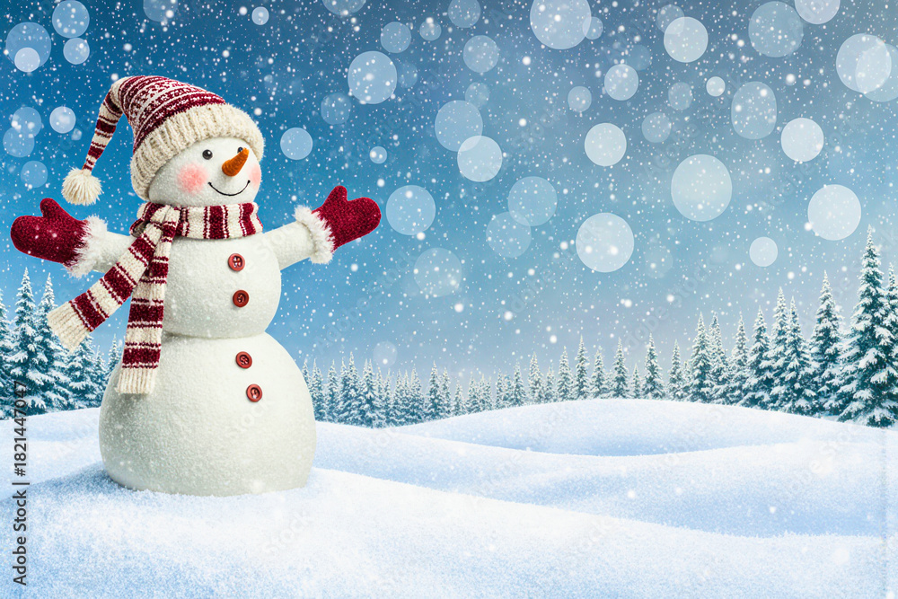 Obraz premium Joyful snowman in a winter wonderland with falling snow