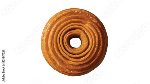 Top View of a Golden Brown Swirled Pastry with a Hole in the Center on White Background circular