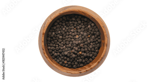 Top View of a Wooden Bowl Filled with Whole Black Peppercorns Keywords: black peppercorns, whole pepper, spices, seasoning, ingredient, food, cooking, kitchen, wooden bowl