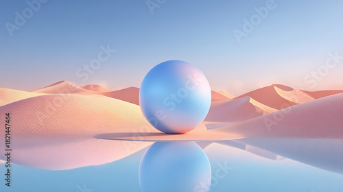 Surreal metallic sphere on reflective water surface amidst rolling pink desert dunes under clear blue sky at sunset