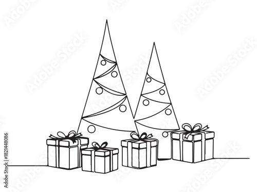 Minimalist continuous line art Christmas trees and gift boxes