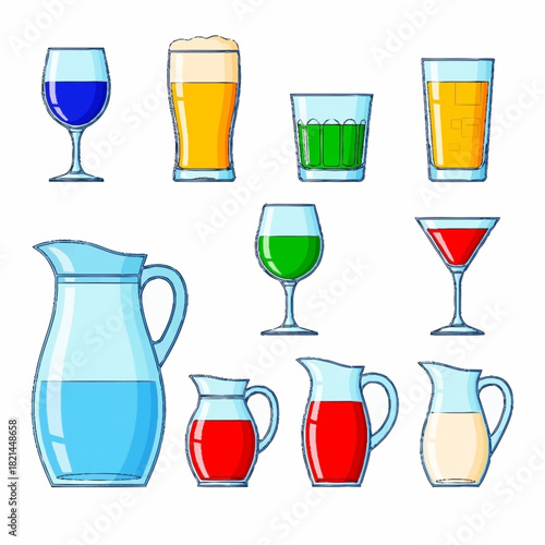 Various colorful drinks in different glasses and pitchers.