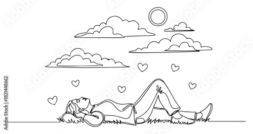 Minimalist one-line drawing of relaxed woman on grass with hearts clouds and sun - romantic vector illustration