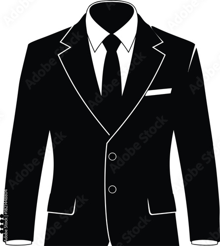 Business suit with tie and pocket square, classic formal wear, professional attire, isolated graphic. isolated on white background, Vector, illustration
