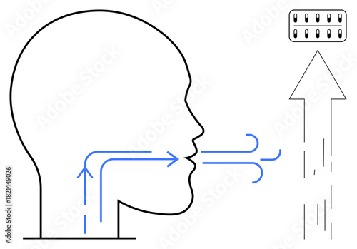 Human head outline with arrows showing airflow direction for breathing and ventilation. Air purification filter and upward arrow represent air quality, health, and safety. Ideal for health, anatomy