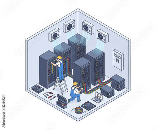 Isometric data center with technicians and cabling