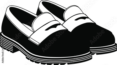 Classic black loafer shoes with white strap detail, flat lay vector illustration, isolated on white background isolated on white background, Vector, illustration