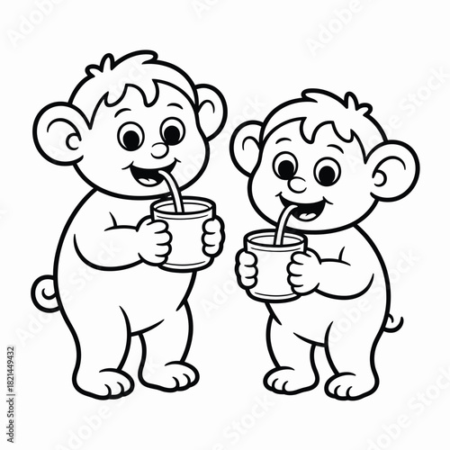 Two cartoon baby monkeys happily drinking from cups with straws, isolated on white isolated on white background, Vector, illustration