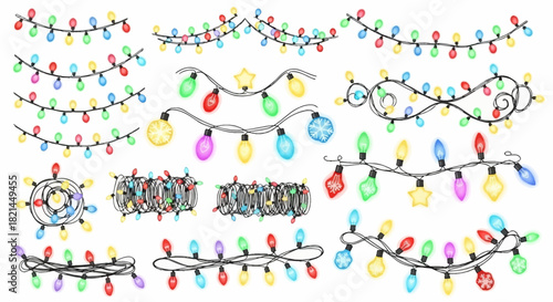 Stylized Christmas String Lights with Colorful Bulbs in Festive Shapes and Decorative Patterns