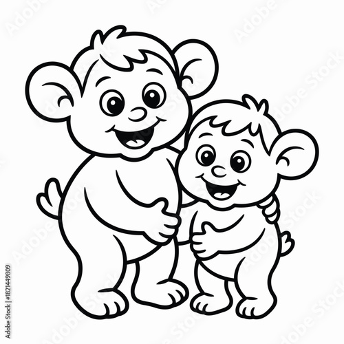 Two happy cartoon bear cubs hugging, outline illustration for coloring, white background isolated on white background, Vector, illustration