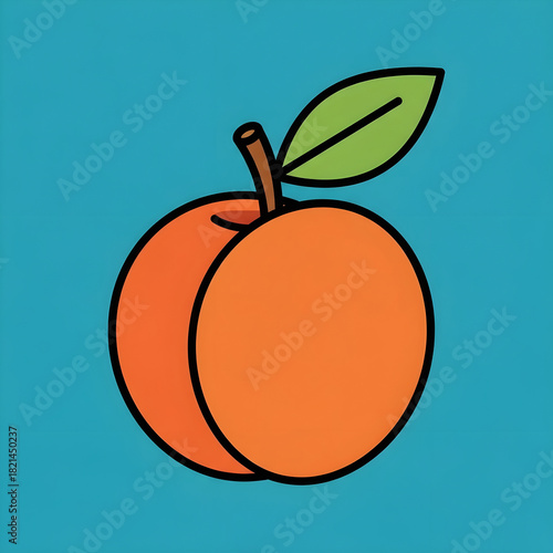 Simple cartoon illustration of a ripe orange peach with a green leaf and stem on a blue background