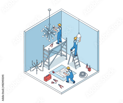 Isometric lighting installation with electricians in room