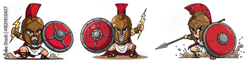 Cute Spartan Warrior Character Set. Vector Cartoon Mascot of Ancient Greek or Roman Soldiers with Shields and Spears
