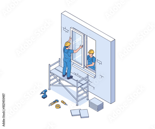 Isometric window installation with scaffolding on wall