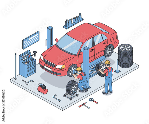 Isometric car service platform with mechanics and lift