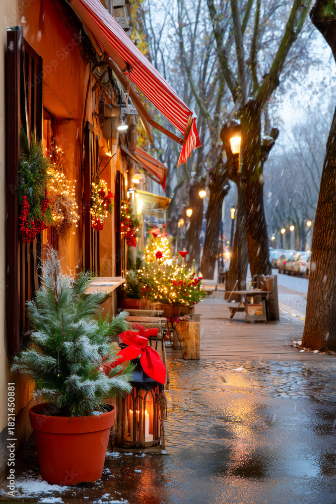 Obraz premium A street with a red awning and a Christmas tree in a pot