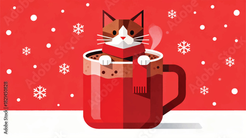 Illustration Of A Cat Soaking In A Large Mug Of Red Hot Chocolate Vector Design Template