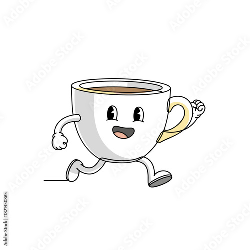 running cartoon cup of hot coffee character illustration for energy drink ads, breakfast blogs, morning routines, and menu design