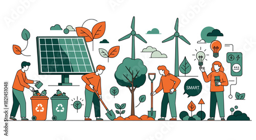 Team working towards a sustainable future with solar panels, recycling, planting trees, and smart energy solutions for a greener planet and environment