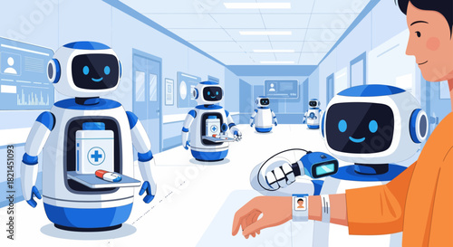 Futuristic healthcare with patient wearing smartwatch interacting with helpful medical robots in hospital, offering a glimpse into advanced technology