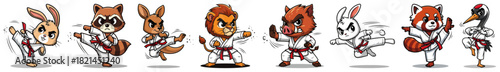 Set of cute animal karate mascots in white gi – rabbit raccoon lion boar fox practicing martial arts poses vector