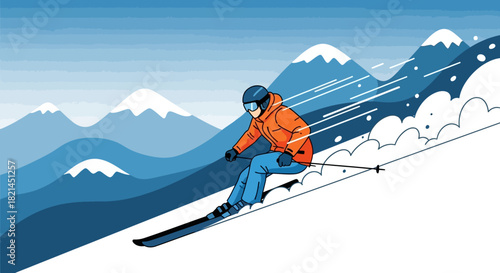 Vector Stylized Skier Racing Down Snowy Mountain Slope with Snow Spray and Blue Sky