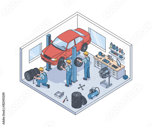 Isometric auto service with car lift and mechanics
