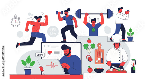 Active lifestyle balanced with healthy eating and remote monitoring, a modern approach to fitness and wellness featuring diverse activities