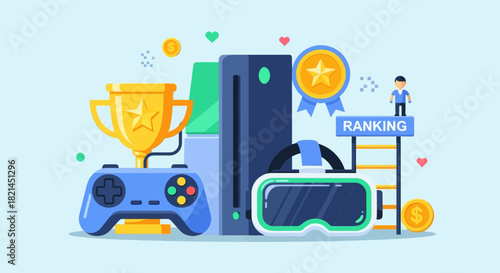 Level Up Your Business with Dynamic Gaming Visuals Featuring VR, Trophies, and Rankings for Eye-Catching Content on Social Media and Marketing Campaigns